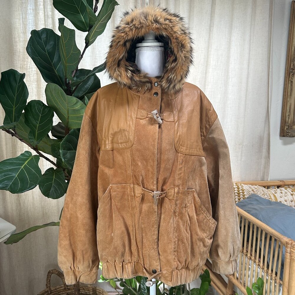 Vintage Brown Suede & Leather Fur Hood Parka 90s Streetwear Cabincore Jacket L